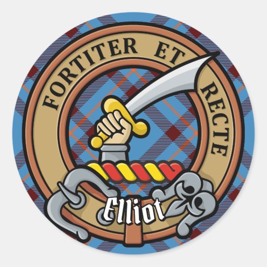 Clan Elliot Wappen über antikes Tartan Runder Aufkleber (Vorderseite)