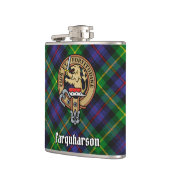 Clan Farquharson Wappen über Tartan Flachmann (Links)