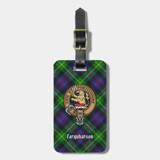 Clan Farquharson Wappen über Tartan Gepäckanhänger (Vorderseite vertikal)