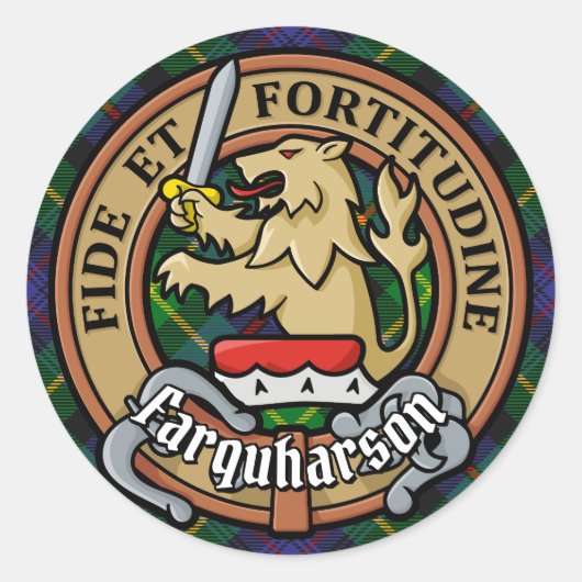 Clan Farquharson Wappen über Tartan Runder Aufkleber (Vorderseite)