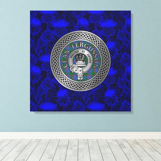 Clan Fergusson Wappen & Tartan Knot on Thistle Leinwanddruck (Insitu (Holzboden))