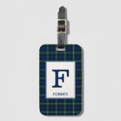 Clan Forbes Tartan Green und Blue Kariert Monogram Gepäckanhänger (Vorderseite Vertikal)