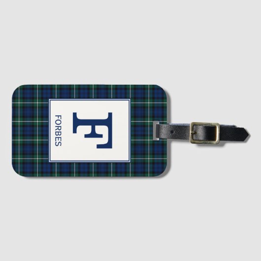 Clan Forbes Tartan Green und Blue Kariert Monogram Gepäckanhänger (Vorderseite (Horizontal))