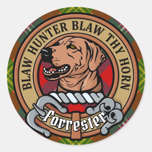 Clan Forrester Wappen über Tartan Runder Aufkleber (Vorderseite)