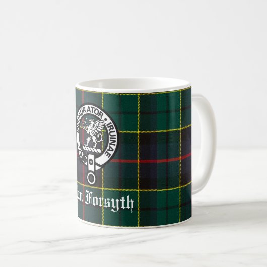 Clan Forsyth Wappen Abzeichen und Tartan Kaffeetasse (VorderseiteRechts)