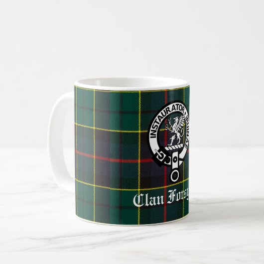 Clan Forsyth Wappen Abzeichen und Tartan Kaffeetasse (Vorderseite Links)
