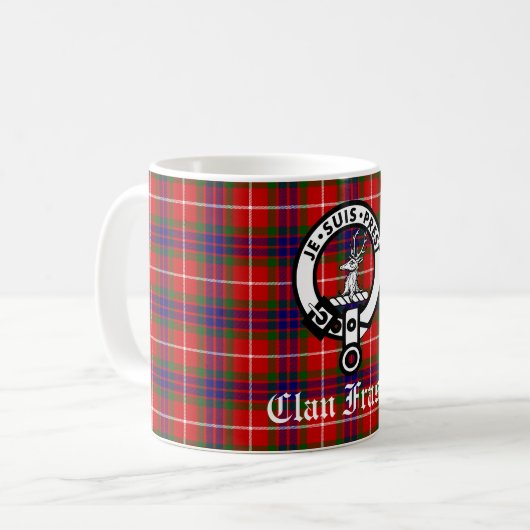 Clan Fraser Wappen Abzeichen und Tartan Kaffeetasse (Vorderseite Links)
