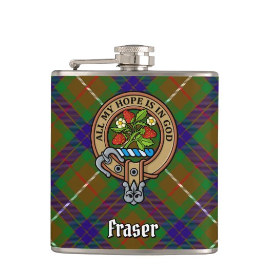 Clan Fraser Wappen über Jagd auf Tartan Flachmann (Vorderseite)