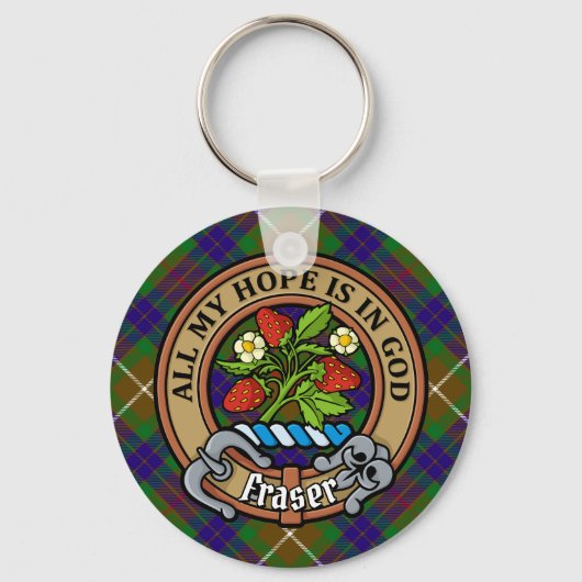 Clan Fraser Wappen über Jagd auf Tartan Schlüsselanhänger (Vorderseite)