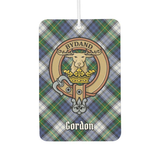 Clan Gordon Wappen über Dress Tartan Air Freshener Autolufterfrischer (Vorderseite)