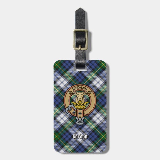 Clan Gordon Wappen über Dress Tartan Gepäckanhänger (Vorderseite vertikal)