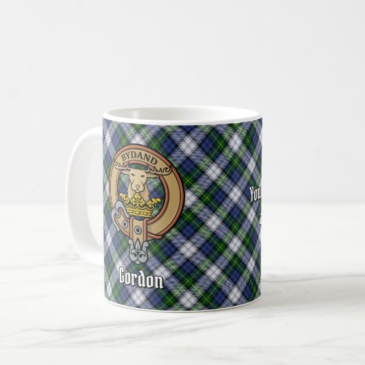 Clan Gordon Wappen über Dress Tartan Kaffeetasse (Vorderseite Links)