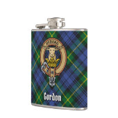 Clan Gordon Wappen über Tartan Flachmann (Links)