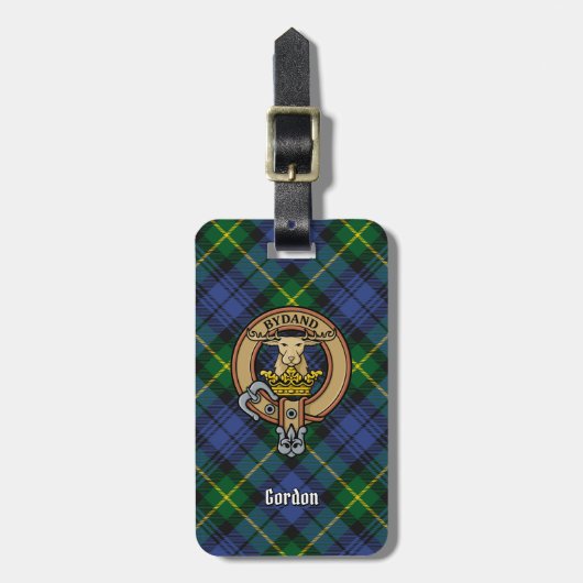 Clan Gordon Wappen über Tartan Gepäckanhänger (Vorderseite vertikal)