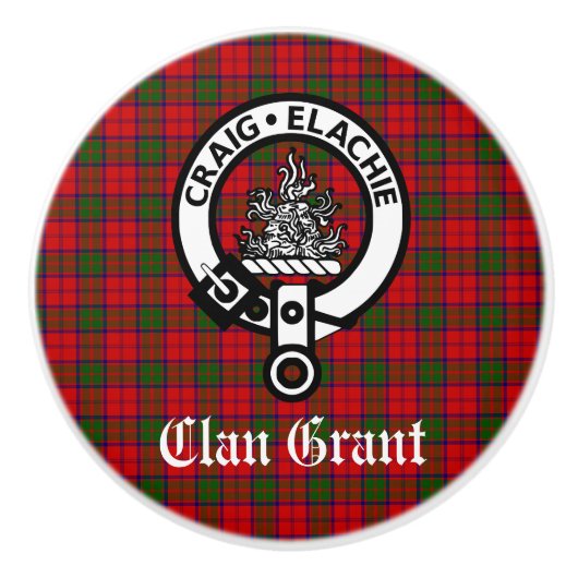 Clan Grant Wappen Abzeichen und Tartan Keramikknauf (Vorderseite)