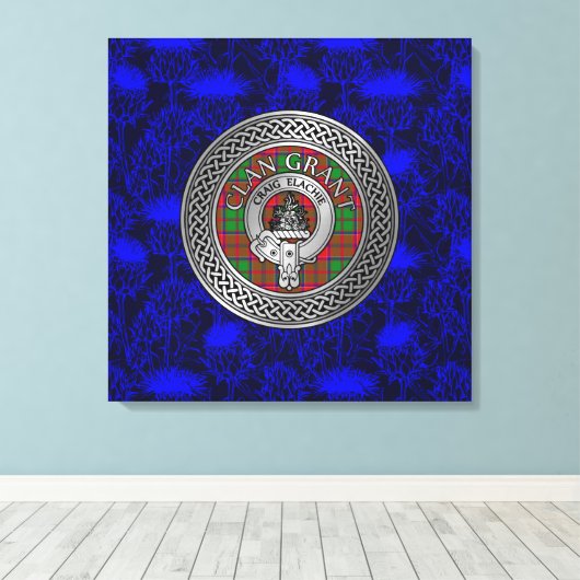 Clan Grant Wappen & Tartan Knot on Thistle Leinwanddruck (Insitu (Holzboden))