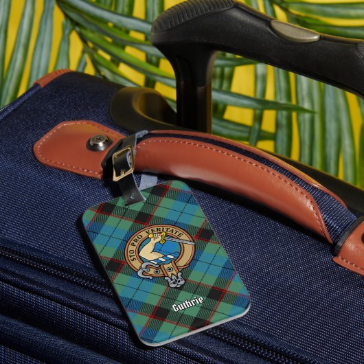 Clan Guthrie Wappen über Tartan Gepäckanhänger (Vorderseite Insitu 1)