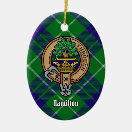 Clan Hamilton Wappen über Jagd Tartan Keramik Ornament (Vorne)