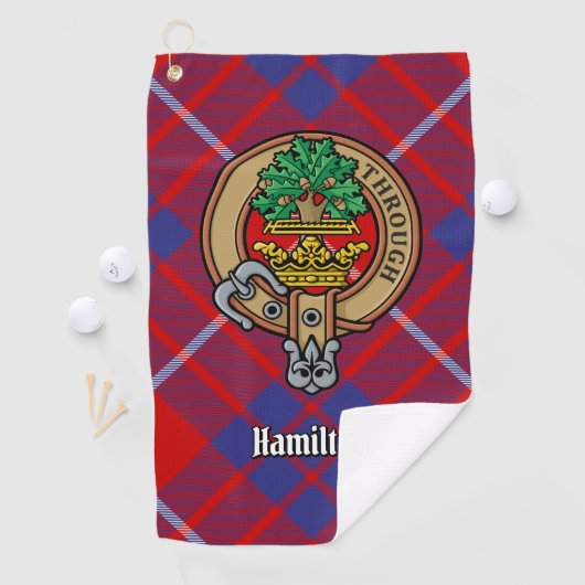 Clan Hamilton Wappen über Red Tartan Golf Towel Golfhandtuch (Insitu)