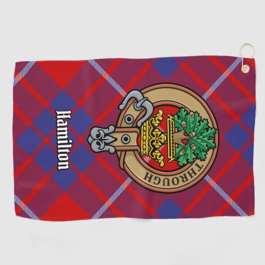 Clan Hamilton Wappen über Red Tartan Golf Towel Golfhandtuch (Horizontal)
