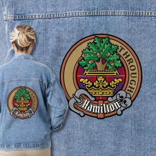 Clan Hamilton Wappen über Red Tartan Jeansjacke
