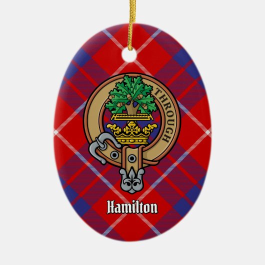 Clan Hamilton Wappen über Red Tartan Keramik Ornament (Vorne)