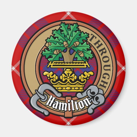 Clan Hamilton Wappen über Red Tartan Magnet (Vorne)