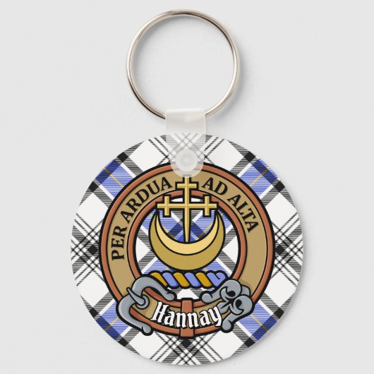 Clan Hannay Wappen über Tartan Schlüsselanhänger (Vorderseite)