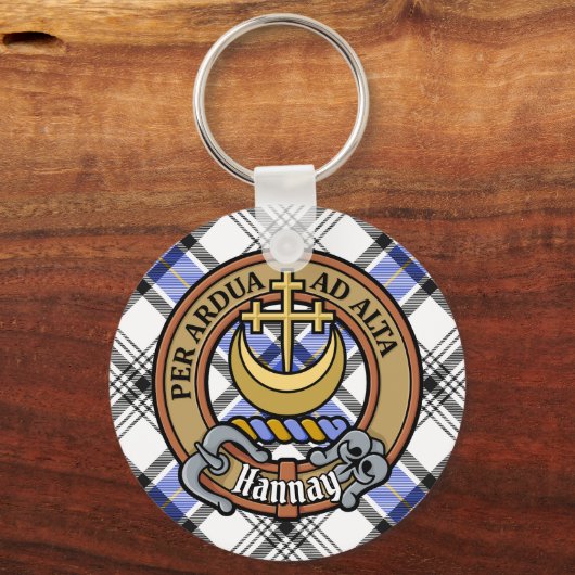 Clan Hannay Wappen über Tartan Schlüsselanhänger (Vorderseite)