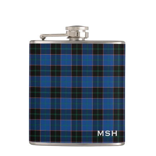 Clan Hume Tartan Kariertes Monogramm Blau und Schw Flachmann (Vorderseite)