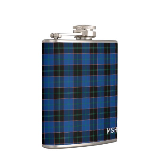 Clan Hume Tartan Kariertes Monogramm Blau und Schw Flachmann (Rechts)