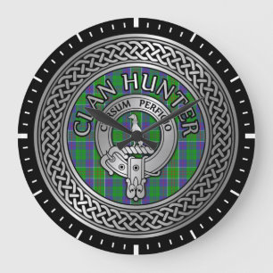 Clan Hunter Crest & Tartan Knot Große Wanduhr