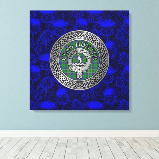 Clan Hunter Wappen & Tartan Knot on Thistle Leinwanddruck (Insitu (Holzboden))