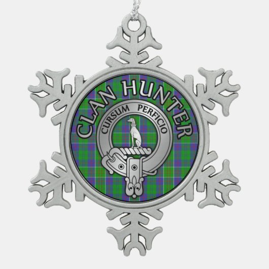 Clan Hunter Wappen & Tartan Schneeflocken Zinn-Ornament (Vorderseite)