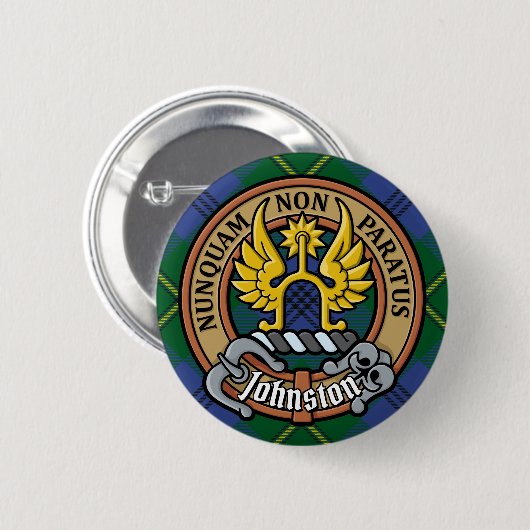 Clan Johnston Wappen über Tartan Button (Vorne & Hinten)