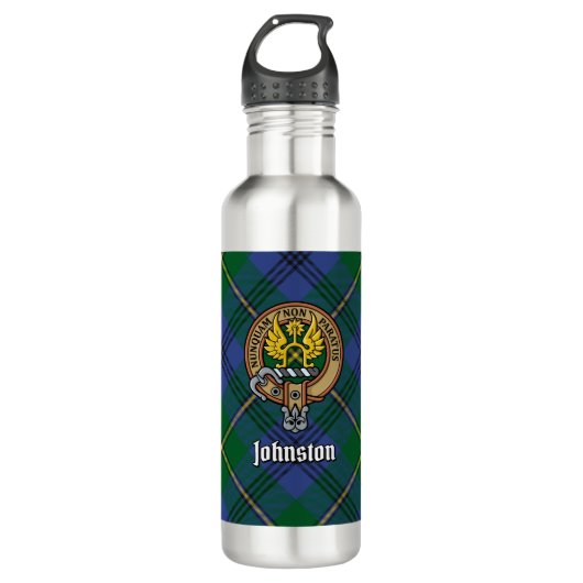 Clan Johnston Wappen über Tartan Edelstahlflasche (Vorderseite)