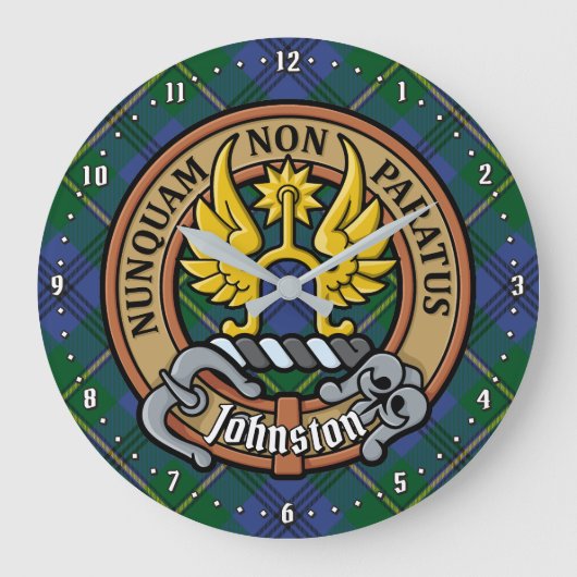 Clan Johnston Wappen über Tartan Große Wanduhr (Vorderseite)