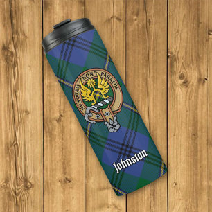 Clan Johnston Wappen über Tartan Thermosbecher