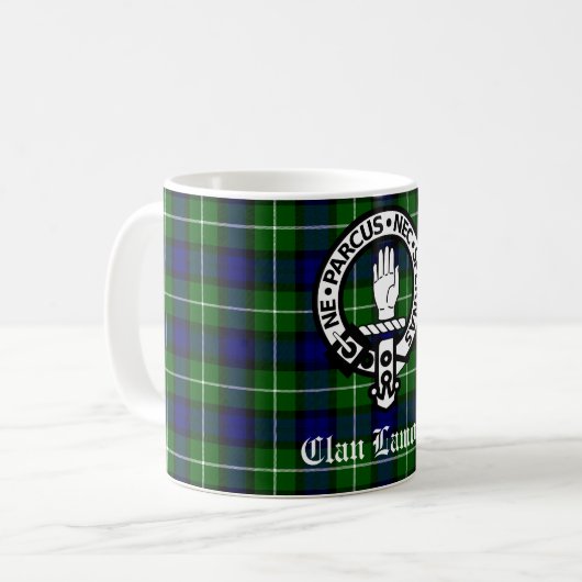 Clan Lamont Wappen Abzeichen und Tartan Kaffeetasse (Vorderseite Links)