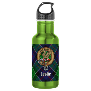 Clan Leslie-Wappen über Hunting Tartan Edelstahlflasche