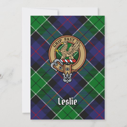 Clan Leslie Wappen über Jagd Tartan Einladung (Rückseite)