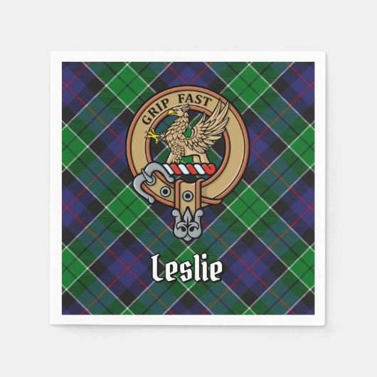 Clan Leslie Wappen über Jagd Tartan Serviette (Vorderseite)