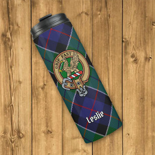 Clan Leslie Wappen über Jagd Tartan Thermosbecher