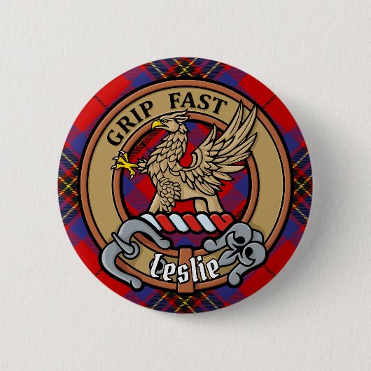 Clan Leslie Wappen über Red Tartan Button (Vorderseite)