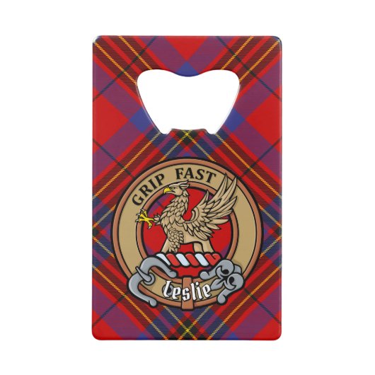 Clan Leslie Wappen über Red Tartan Geldbeutel Flaschenöffner (Vorderseite)