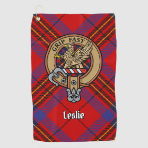 Clan Leslie Wappen über Red Tartan Golfhandtuch