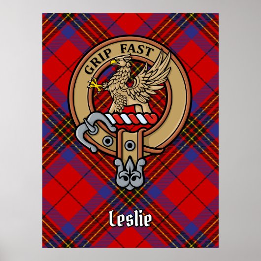 Clan Leslie Wappen über Red Tartan Poster (Vorne)