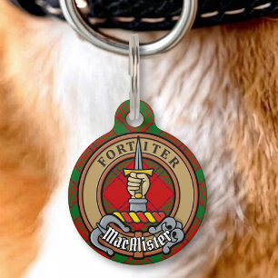 Clan MacAlister von Glenbarr Wappen über Tartan Haustiermarke
