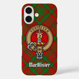 Clan MacAlister Wappen über Glenbarr Tartan iPhone 16 Hülle