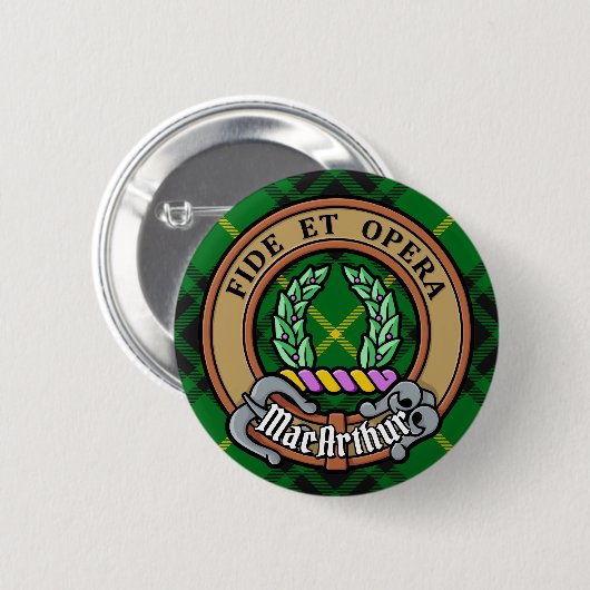 Clan MacArthur Wappen über Tartan Button (Vorne & Hinten)